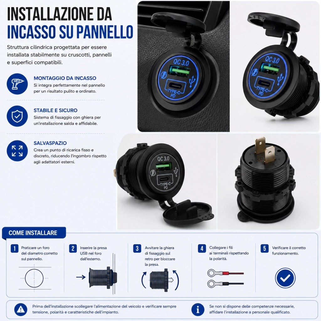 Caricabatterie USB-A QC 3.0 + USB-C PD 12V/24V da Incasso 15,8W 15816