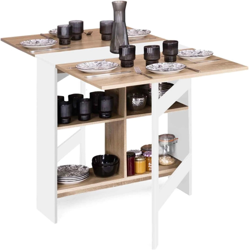 Consolle pieghevole EDI per 2-6 persone con contenitore in legno bianco e piano in faggio 150 x 80 cm