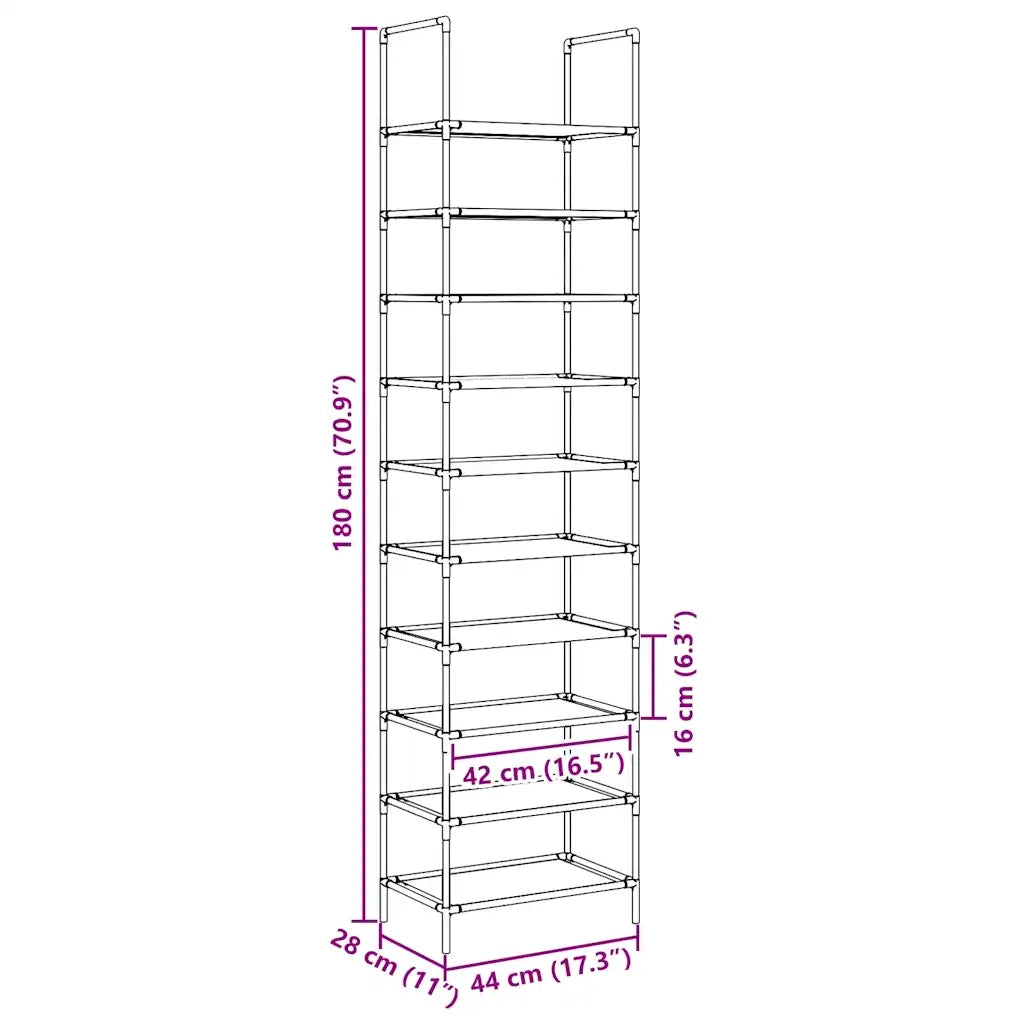 Scarpiera 10 Ripiani-Scaffale per scarpe Nera 44x28x180 cm in Tessuto Non Tessuto