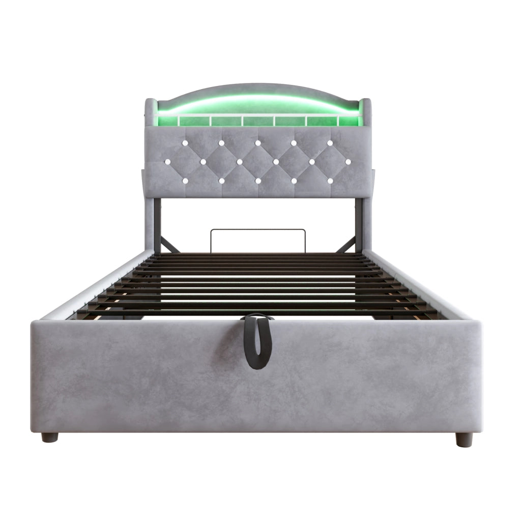 Letto Singolo Imbottito per Bambini 90x200 cm con Contenitore, LED e USB, Grigio