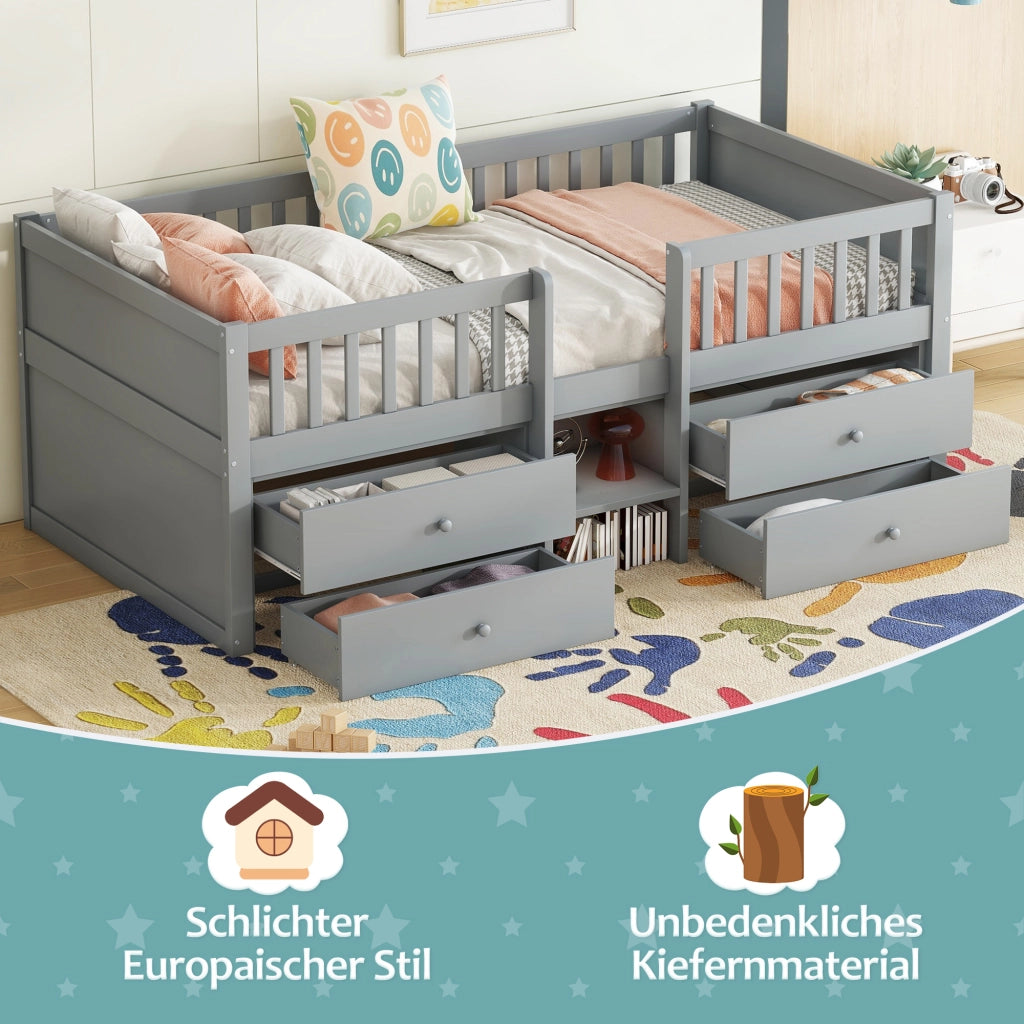 LETTO Semialto 90x200 cm Grigio con 4 Cassetti, Scala e Grembiule di Sicurezza