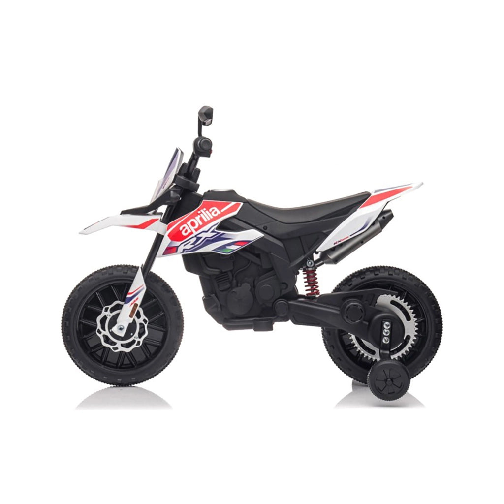 Moto Elettrica per Bambini Aprilia RX-125 Small 12V Cross Sedili In Pelle Luci Led Bluetooth Sospensioni a Molla Bianco