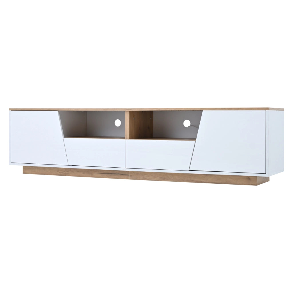 Mobile TV da 180x40x46 cm con 2 cassetti, 2 armadi e LED, design lucido frontale, colore bianco e legno naturale, per TV fino a 75 pollici