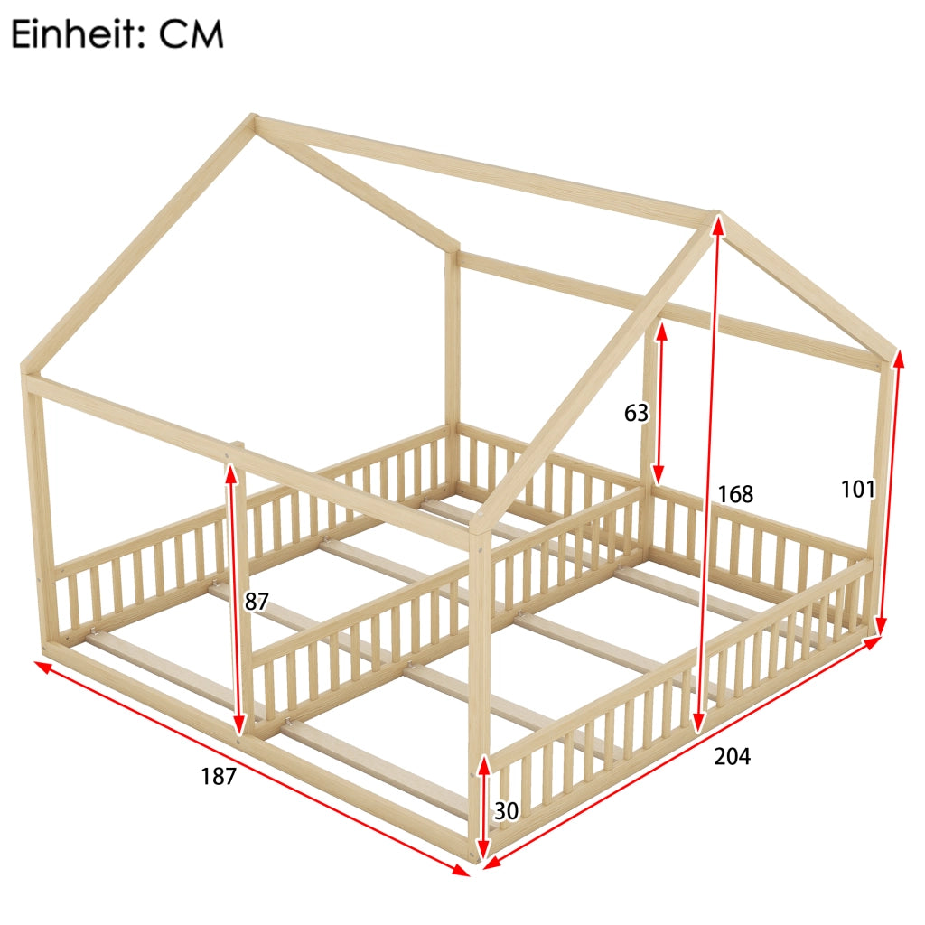 OKWISH Letto a casetta 90×200 cm, Letto 2 Posti con Sponde di Sicurezza e Separatore Centrale, senza Materasso, in Pino, Naturale