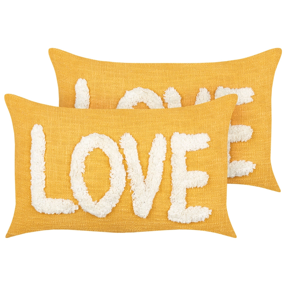 2 cuscini decorativi in cotone giallo 30 x 50 cm con testo bianco