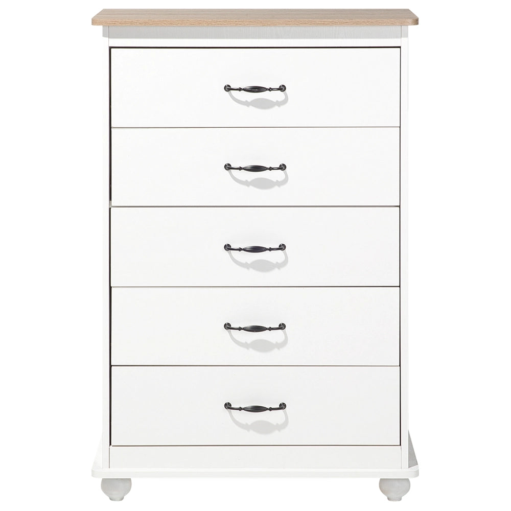 Cassettiera bianca con legno chiaro 5 cassetti credenza contenitore in stile scandinavo minimalista
