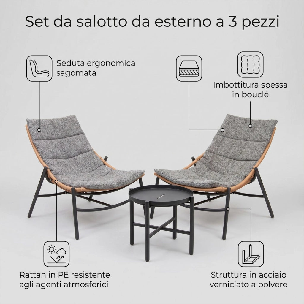 Marvin Set Salotto da Giardino 2 Posti in Polyrattan con Cuscini e Tavolino, Arredo Esterno per Terrazzo Balcone Veranda