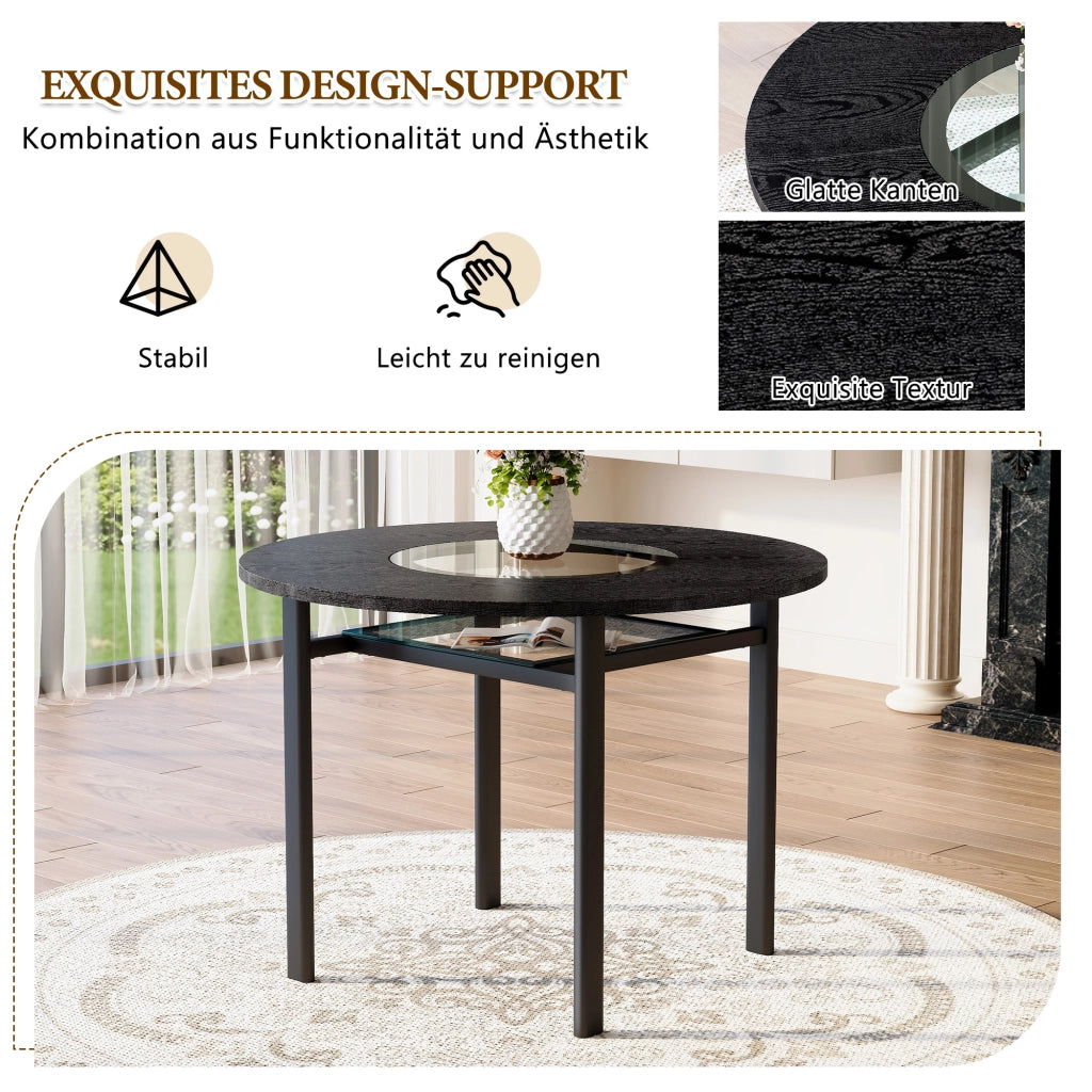 Tavolo da pranzo rotondo con 4 sedie, piano in MDF e vetro, per soggiorno e cucina, 100 cm, marrone e nero