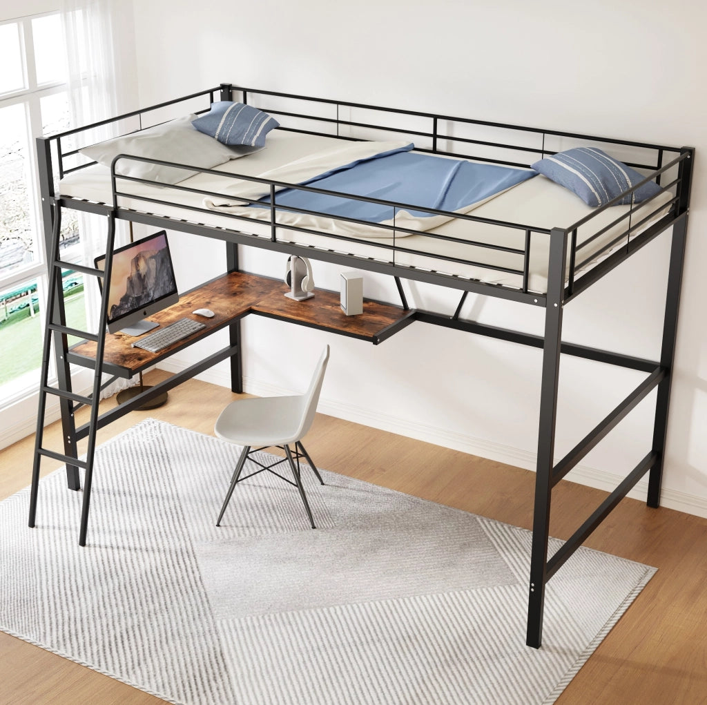 Letto a soppalco in metallo con scrivania ad L e scaffale 90x200 cm