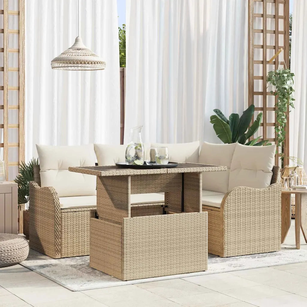 Set da pranzo per esterni con cuscino 5 pcs Beige Poly Rattan