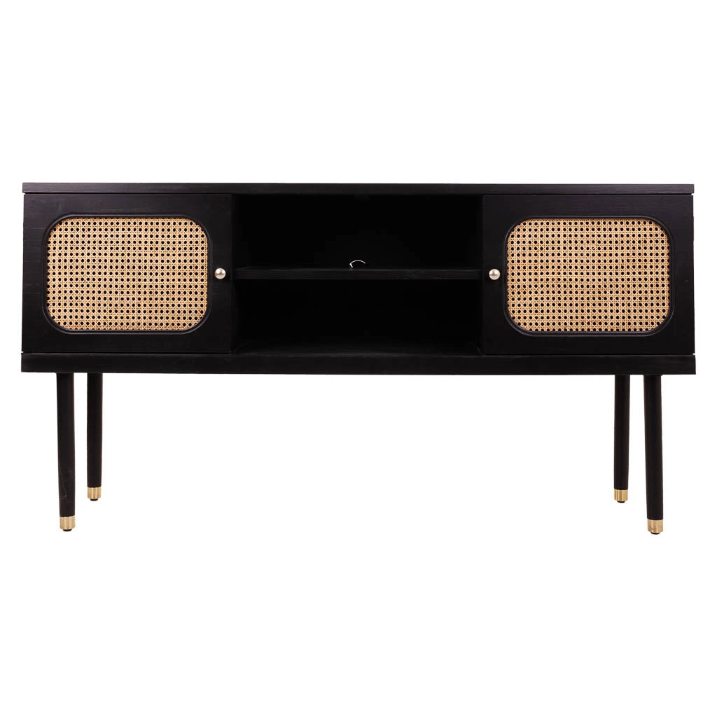Credenza in legno e rete di bambù con due ante nere 152,5x38x81h