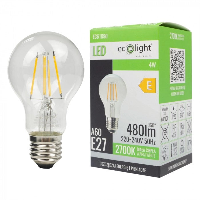 Lampadina LED filamento sfera E27 4W 2700K 480lm Ecolight