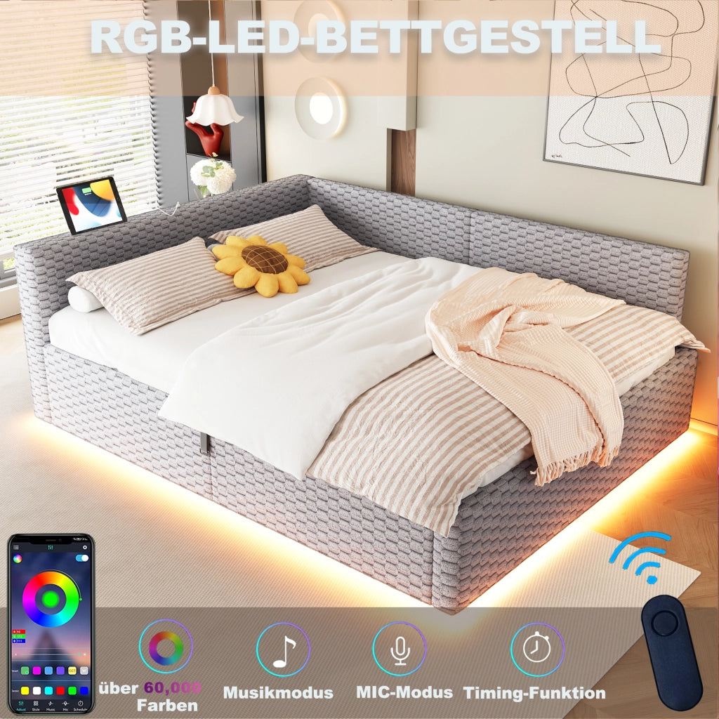Letto divano contenitore 140 × 200 cm con LED, 2 USB e Type-C, senza materasso, in velluto, grigio