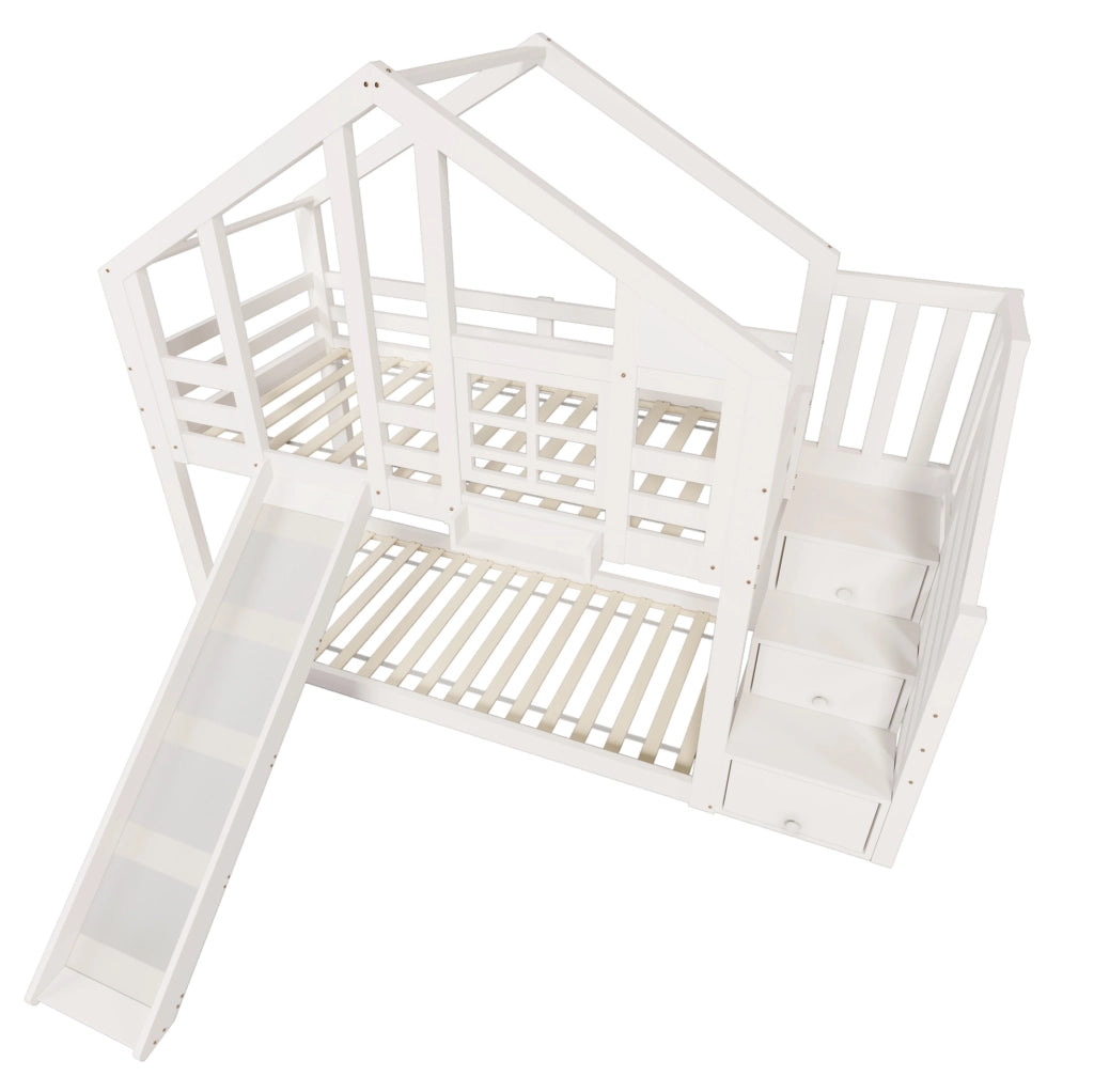 Letto a castello per bambini a casetta con scivolo 90x200 cm in legno massello e MDF; bianco