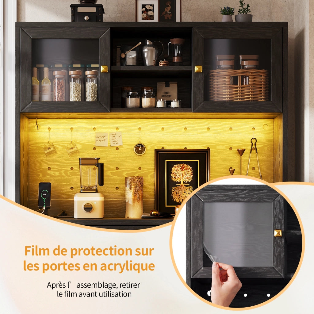 Colonna cucina LED con ripiani regolabili; portabottiglie; prese USB e pannello forato; nero; 120 × 40 × 178 cm