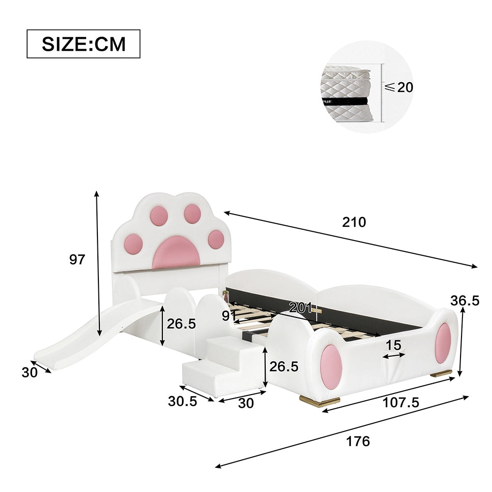 Letto bambino-Xylo-90x200 cm-testo zampa gatto, scivolo, scala, bianco+rosa