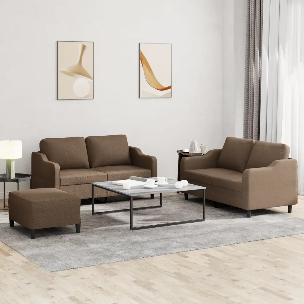 Set di Divani 3 pz con Cuscini Marrone in Tessuto