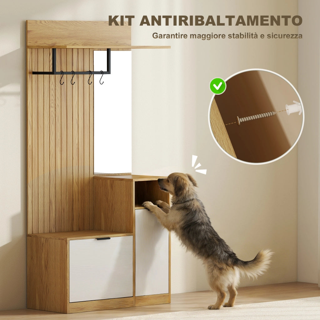 Appendiabiti da Ingresso con Asta, 4 Ganci, Panca con Scarpiera e Armadietto, Rovere e Bianco