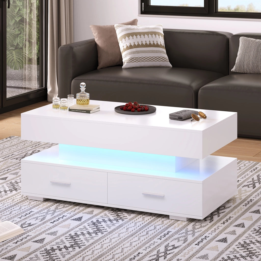 TAVOLINO DA SALOTTO 100x50x44 cm sollevabile idraulico Bianco con LED