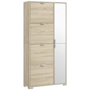Scarpiera con Specchio per 16 Paia di Scarpe, 4 Cassetti a Ribalta e 2 Armadietti, 82x30x168cm, Rovere