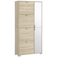 Scarpiera con Specchio per 16 Paia di Scarpe, 4 Cassetti a Ribalta e 2 Armadietti, 82x30x168cm, Rovere