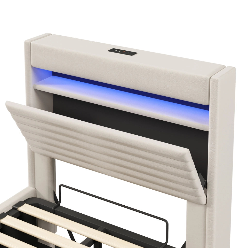 Letto imbottito con contenitore e LED, 90 x 200 cm, beige