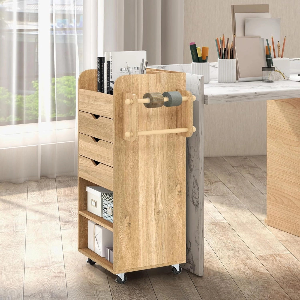 Cassettiera con ruote, 3 cassetti e 2 ripiani, in legno, cassettiera per ufficio, casa e soggiorno, 48,5 x 33,5 x 85,5 cm (naturale)