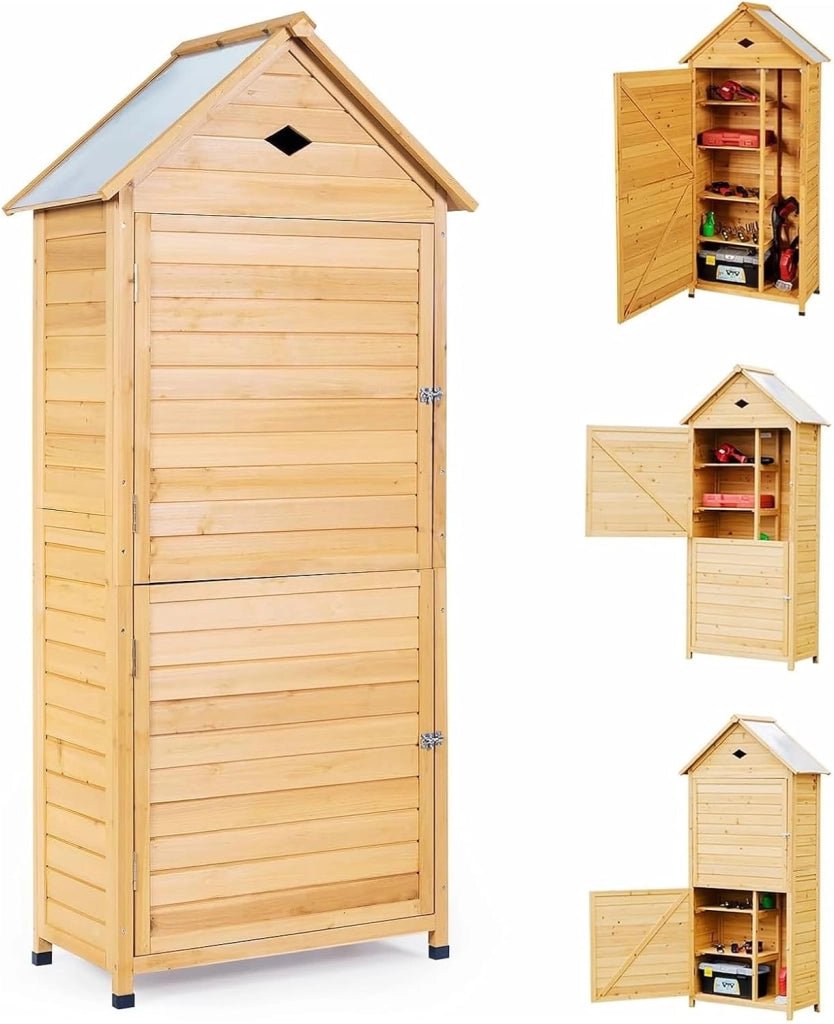 Casetta da Giardino in Legno, Capanno Attrezzi per Esterno, Resistente alle Intemperie con Ante Bloccabili e Tetto Galvanizzato Impermeabile, Capanno da Prato, Patio, Cortile, 80x35x176,5cm