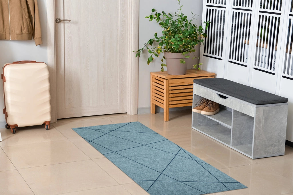 Tappeto Arredo Moderno Morbido in Ciniglia Ingresso Antiscivolo Prodotto Italiano  Soggiorno Camera Salotto Disegni Piazzati Cotone Varie Misure Grande Quarzo/Azzurro - 65x220 cm