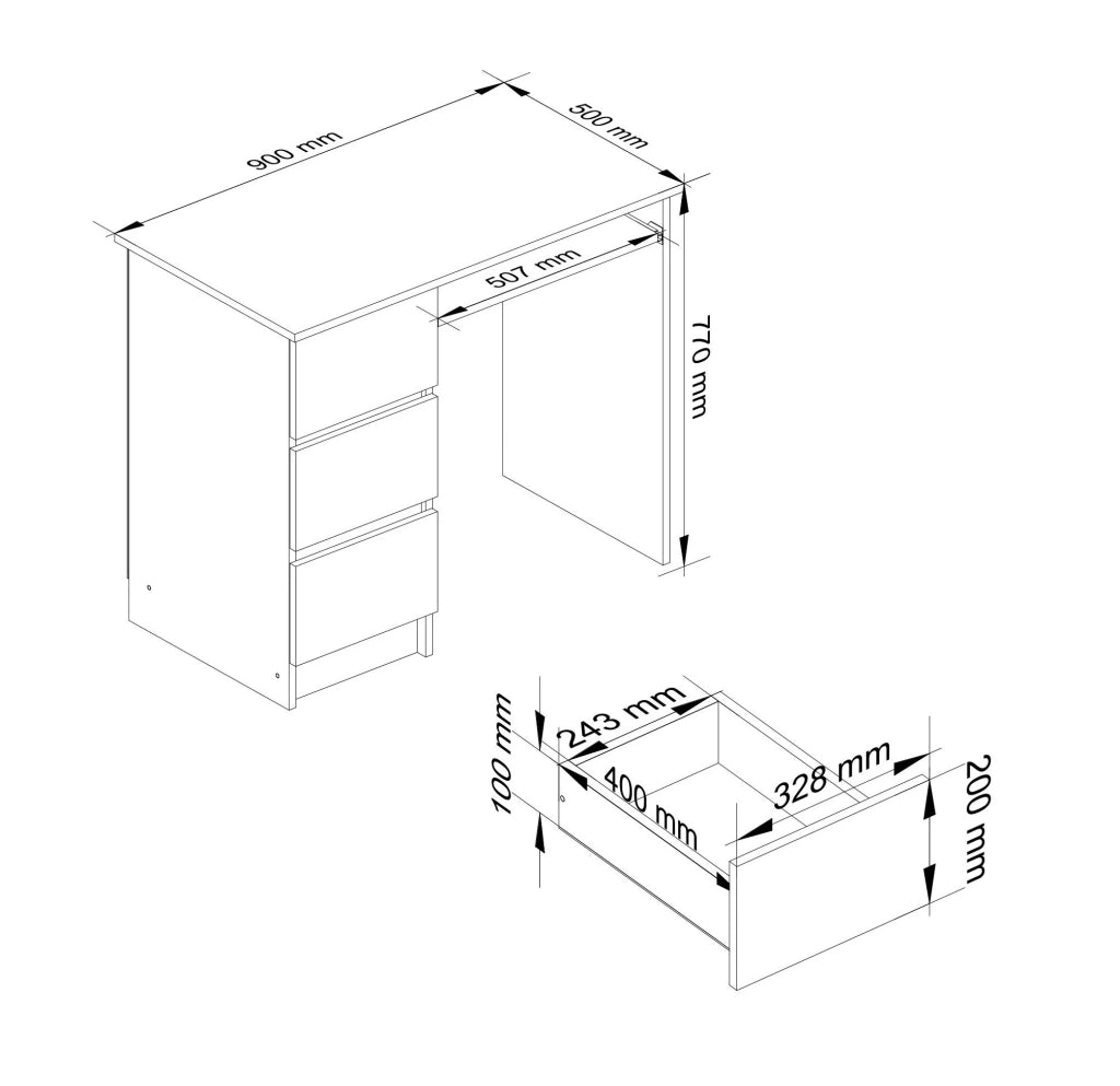Scrivania per computer AKORD A6 Bianco 90 cm 3 cassetti 90x50x77 cm Modello a sinistra