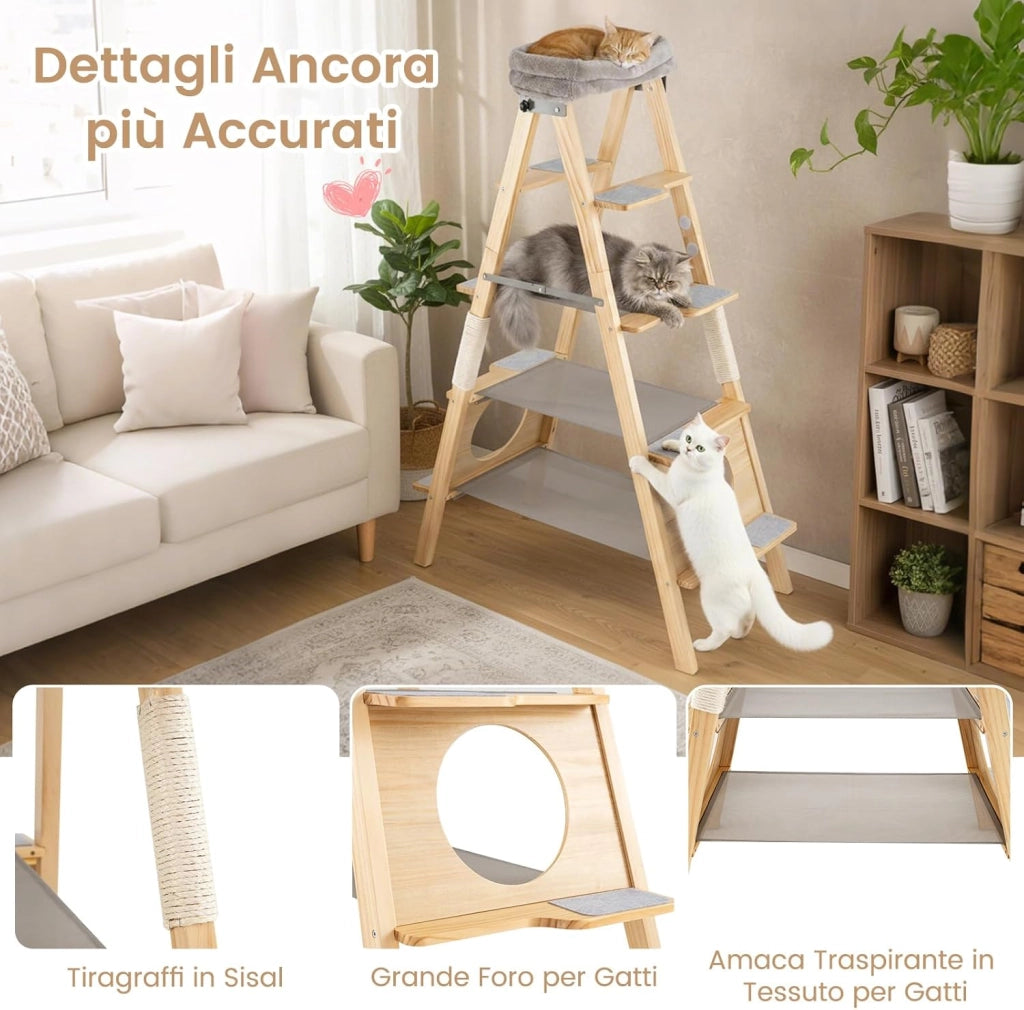 Albero per Gatti Alto 151cm, Tiragraffi per Gatti in Legno con Design a Scala, Cuscino Imbottito e Torretta Superiore, Palo Graffiatrice in Sisal, Mobile Salvaspazio per Gattini