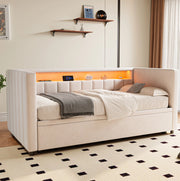 Divano letto 90x190 cm estraibile con LED e USB in velluto beige