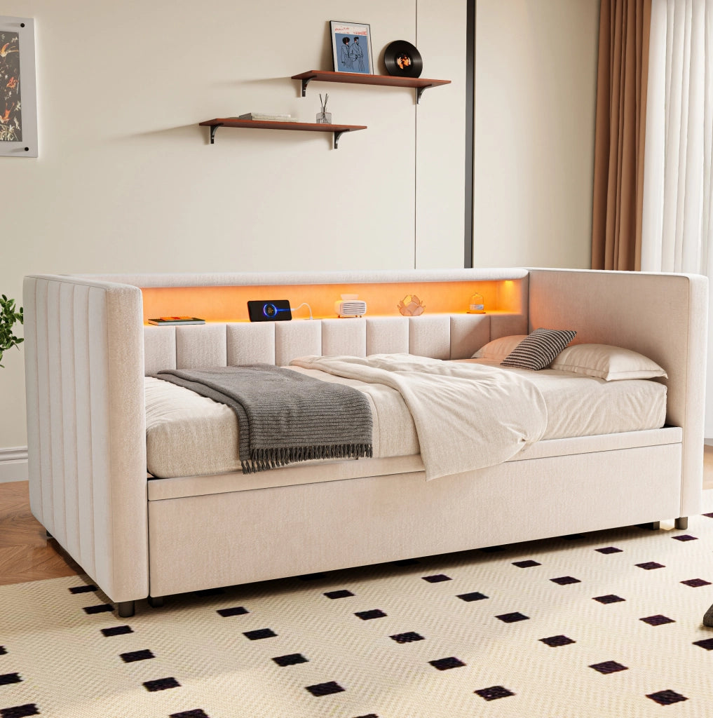 Divano letto 90x190 cm estraibile con LED e USB in velluto beige