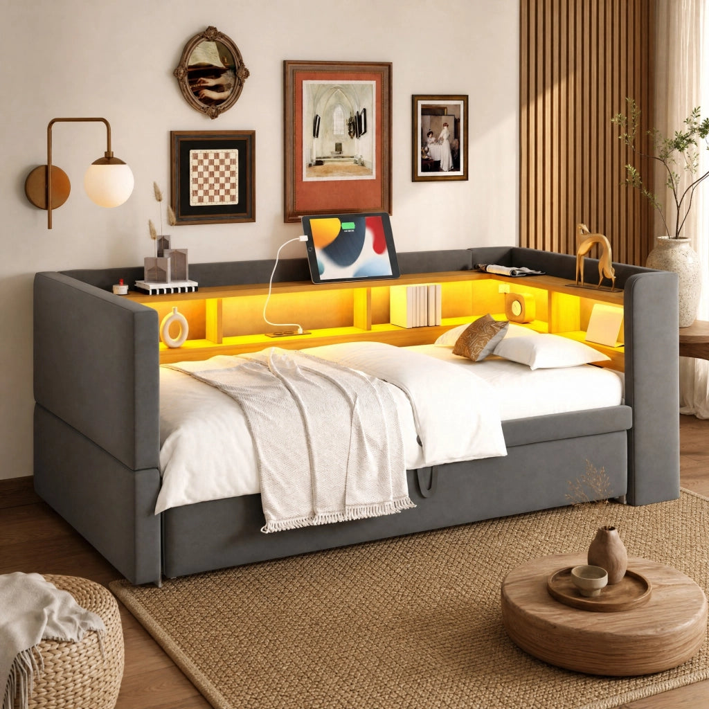 DIVANO LETTO 90/180x190 cm in flanella grigio scuro con LED e prese