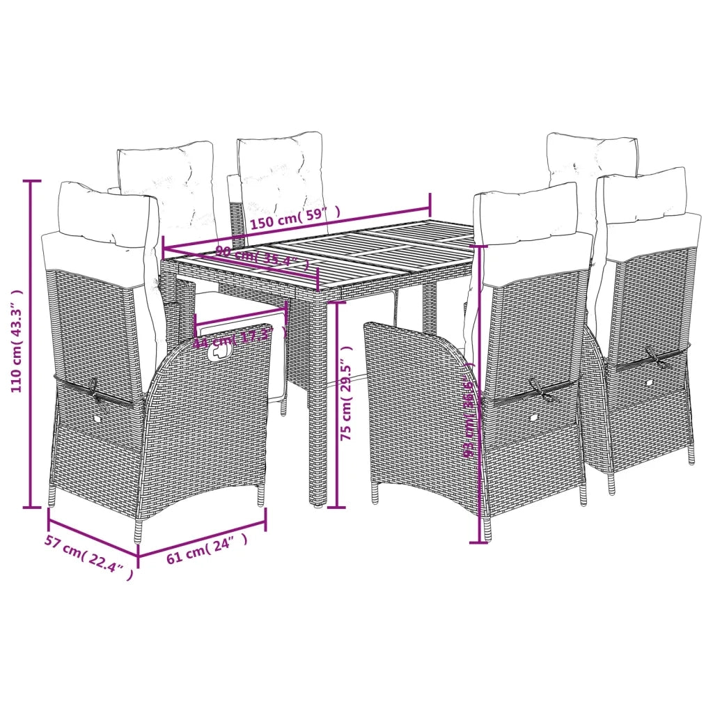 Set da Pranzo da Giardino 7 pz Nero con Cuscini in Polyrattan