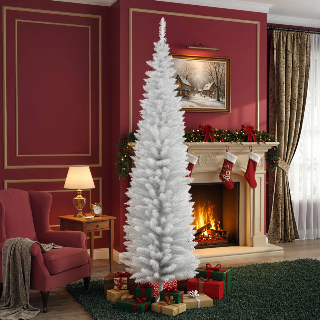 Albero di Natale Artificiale Stretto 210 cm 499 Rami Base Scomponibile ¨C zephmum ¨C Bianco