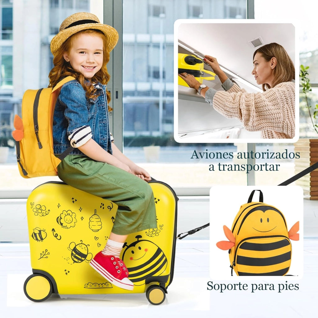 Set di Valigia Cavalcabile 18’’ + Zaino 12’’ per Bambini 2 Pezzi, Bagagli 2-in-1 di con Maniglia Telescopica e 4 Ruote, Trolley Bagaglio a Mano e Zaino per Bambini (Giallo Ape)