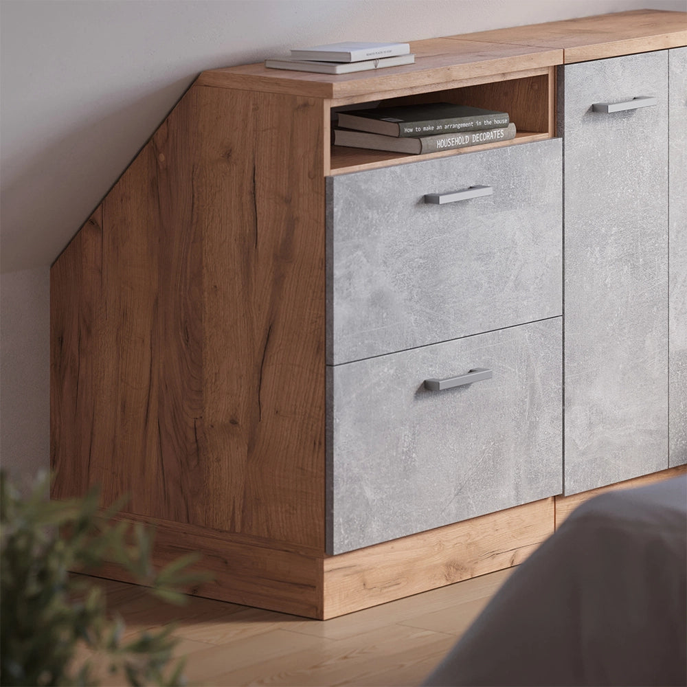 Mobile cucina sottotetto R-Line Calcestruzzo/Rovere dorato 60 cm con 2 cassetti, carcassa 60 cm profondità Vicco