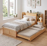 Letto multifunzionale 90x200 cm con letto estraibile; presa EU e USB; legno ingegnerizzato naturale e beige
