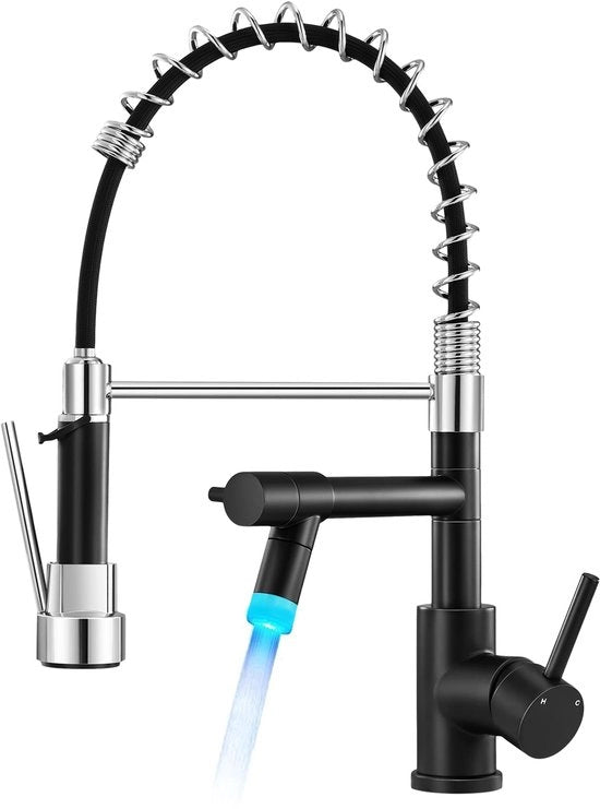 Keukenkraan Professionale LED con 360° di Rotazione, Due Uscite, Arcata Alta per Doccia e Spout per Spoutkraan, Nero e Cromo