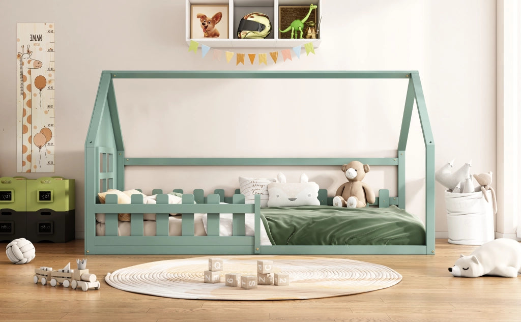 DESMIU Letto a casetta per bambini 1 posto con struttura a casa, 90 × 200 cm, senza materasso, pino e MDF, verde