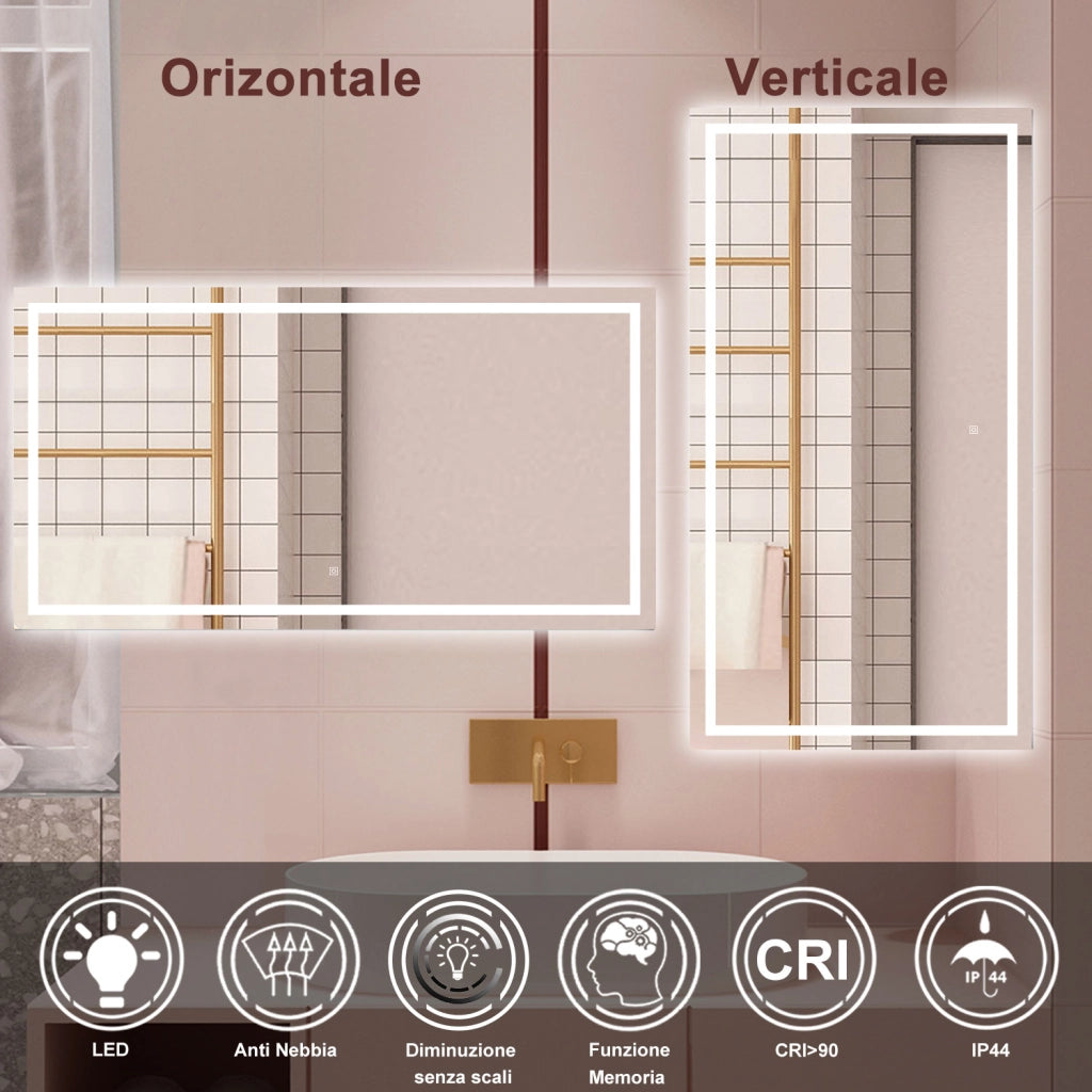 AICA Specchio da bagno  80 x 120 cm, dimmerabile, interruttore touch, Funzione Memoria, antiappannamento