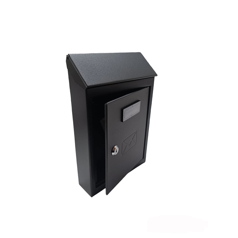 CASSETTA POSTALE ESTERNO A PARETE BUCA LETTERE IN ACCIAIO TETTO CHIAVE 30x20x6cm NERA