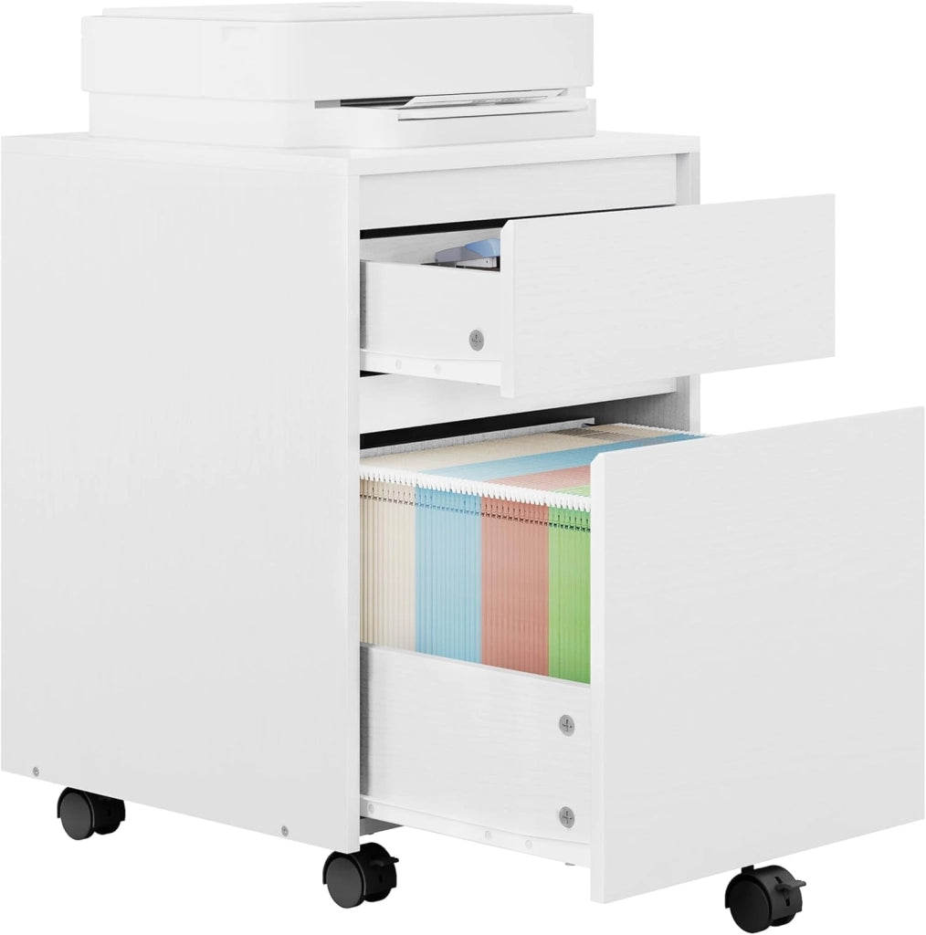Cassettiera Scrivania con 2 Cassetti, Schedario con Rotelle, Schedario da Ufficio A4, in Legno PB, Bianco, 40x40x56cm, ASK11ws
