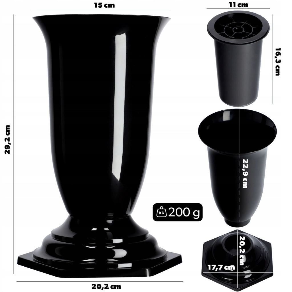 Vaso/bottiglia KADAX per cimitero, tomba, lapide, in plastica nera, 29 cm, resistente al gelo.