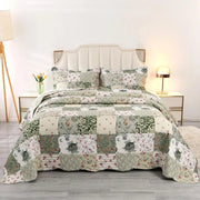 Set di federe letto - stile pastorale - 3 pezzi - verde con fiori - 220x230 cm