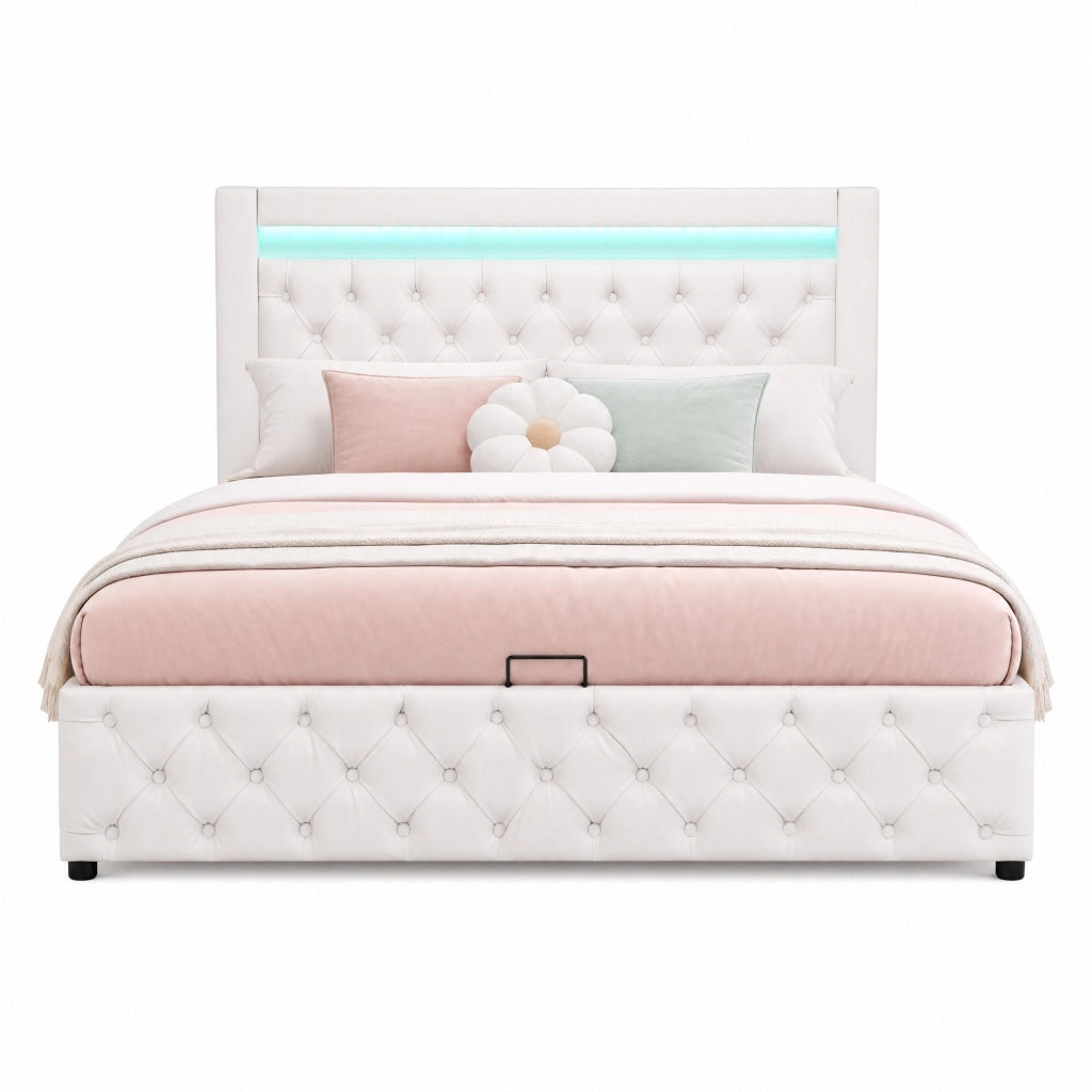 Letto imbottito 140 x 200 cm con rete a doghe, contenitore e illuminazione LED, bianco, PU
