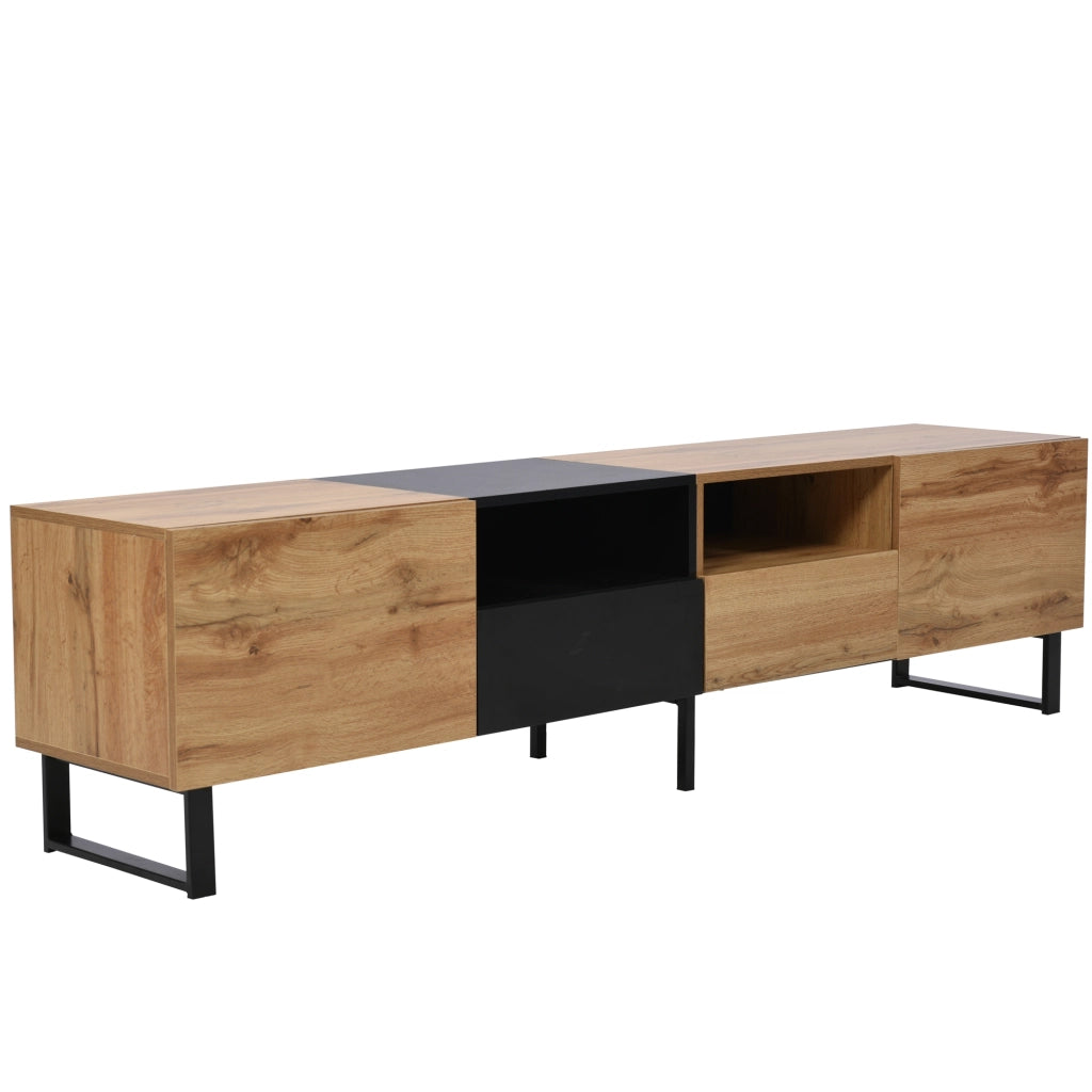 Mobile porta TV con 2 ante e 2 cassetti in MDF, effetto legno naturale e nero, con guide scorrevoli, 190 × 38 × 48 cm