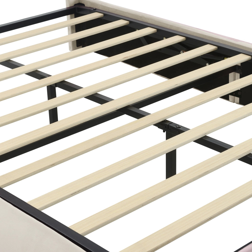 Letto imbottito 140x200 cm beige in velluto con contenitore e LED