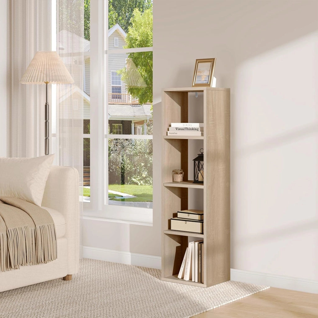 Libreria con 4 Livelli, Scaffale a Cubo in Piedi, Scaffale Aperto, per Soggiorno, Studio, Camera da Letto, Ufficio, 30x106,5x23,5 cm, Rovere Chiaro, SK051hei